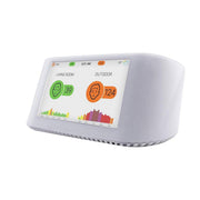 IQAir AirVisual Pro Luftqualitäts-Monitor, weiß, Touchscreen zeigt Werte für Wohnzimmer und Außenluft