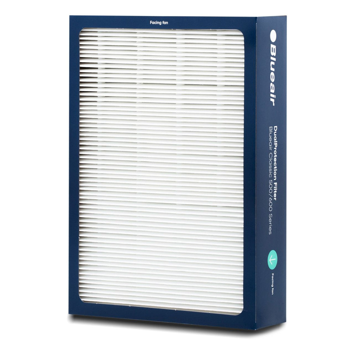 Blueair DualProtection Ersatzfilter für Classic 500/600 Serie, weißer Faltenfilter mit dunkelblauem Rahmen, Schrägansicht