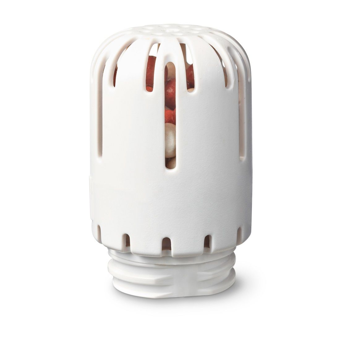 Clean Air Optima W-02 Wasserfilter, weiße Kartusche mit sichtbaren roten und weißen Kugeln, Schrägansicht