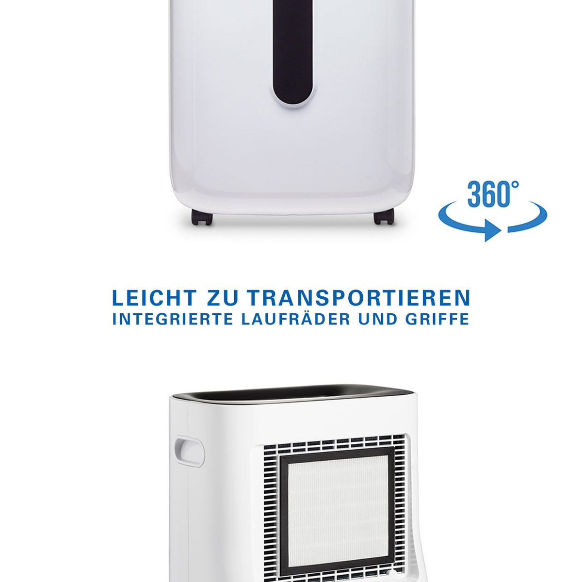 Clean Air Optima CA-706 Luftentfeuchter mit Laufrädern und Griff, Grafik „360°“ und Filter-Nahaufnahme
