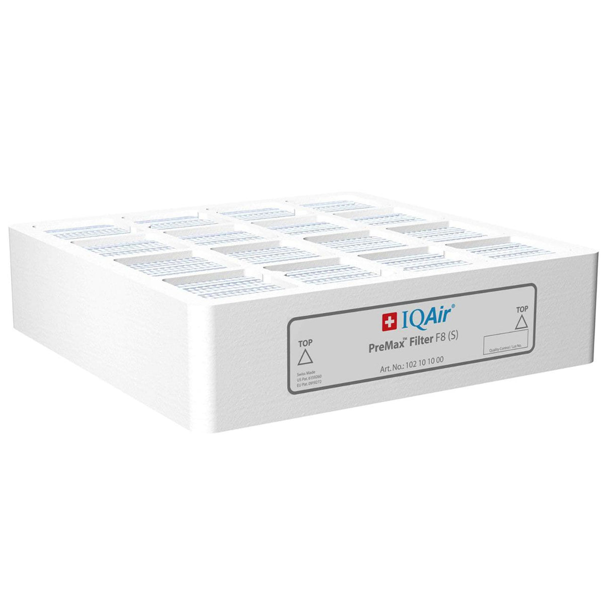 IQAir PreMax Filter F8 (S) Vorfilter, weißer Kasten mit Lamellenstruktur, Gesamtansicht schräg von oben
