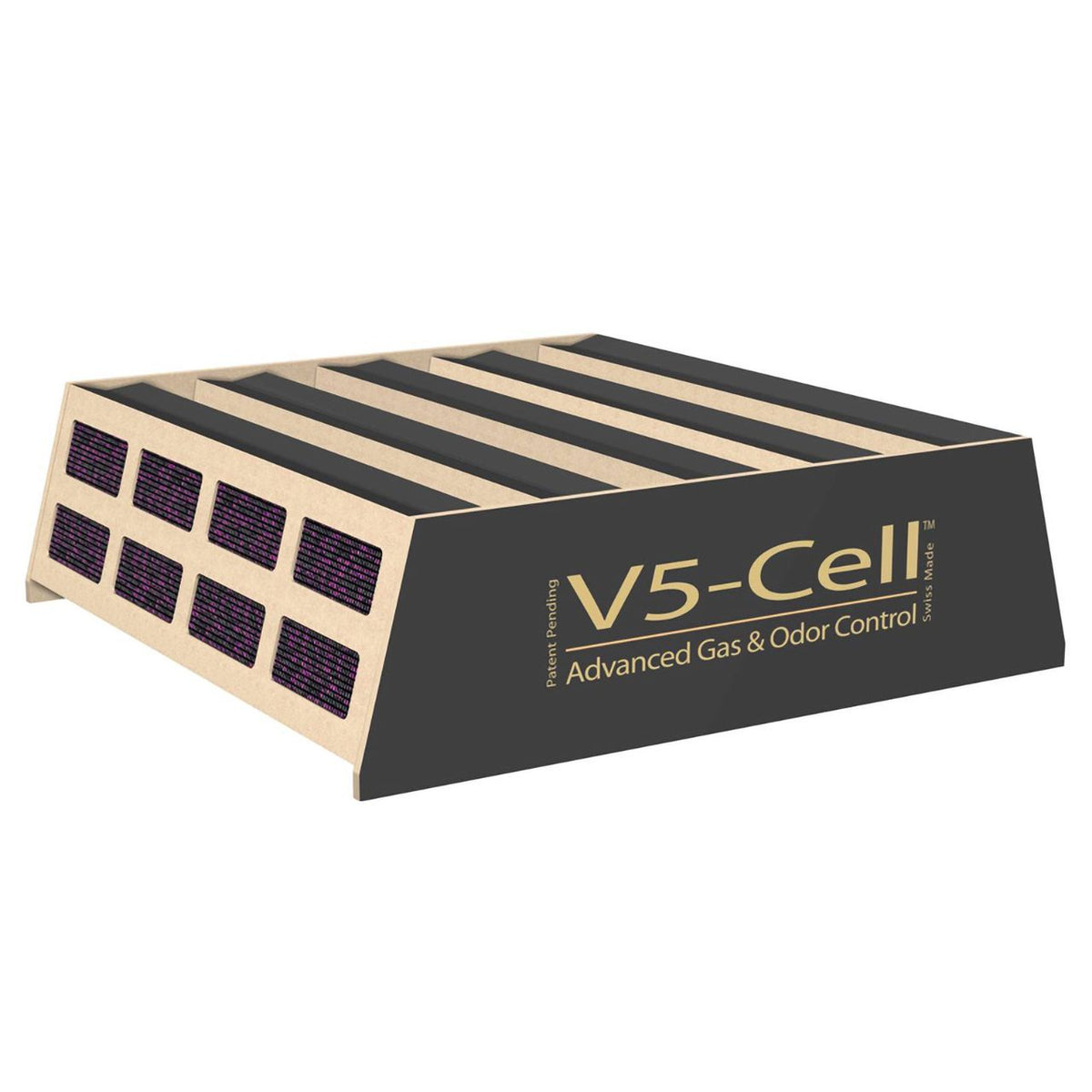 IQAir V5-Cell Ersatzfilter mit Wabenstruktur und lila-schwarzen Filtereinsätzen, Schrägansicht
