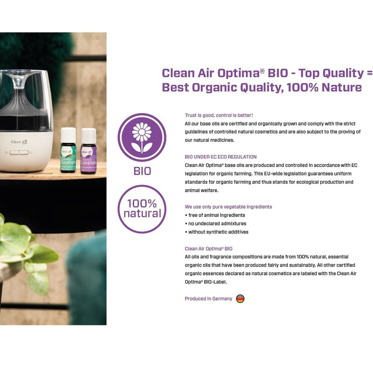 Clean Air Optima Diffuser mit Eukalyptus- und Lavendel-Ätherisches-Öl-Fläschchen, daneben BIO- und 100%-natural-Siegel mit Erklärtext