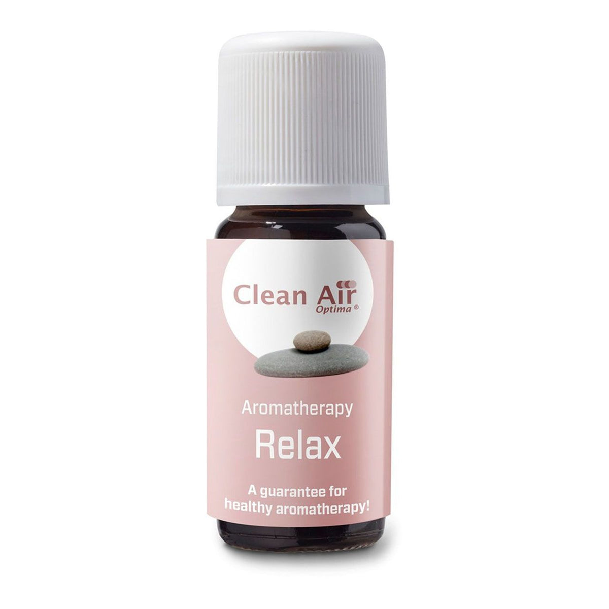 Braunes Fläschchen Clean Air Optima ätherisches Öl „Relax“ mit rosa Etikett, Frontalansicht