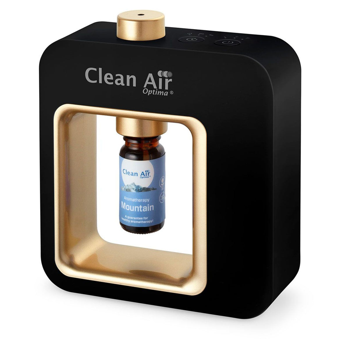 Clean Air Optima Aroma-Diffuser Aromatic in Schwarz mit goldenem Rahmen und Duftflasche „Mountain“