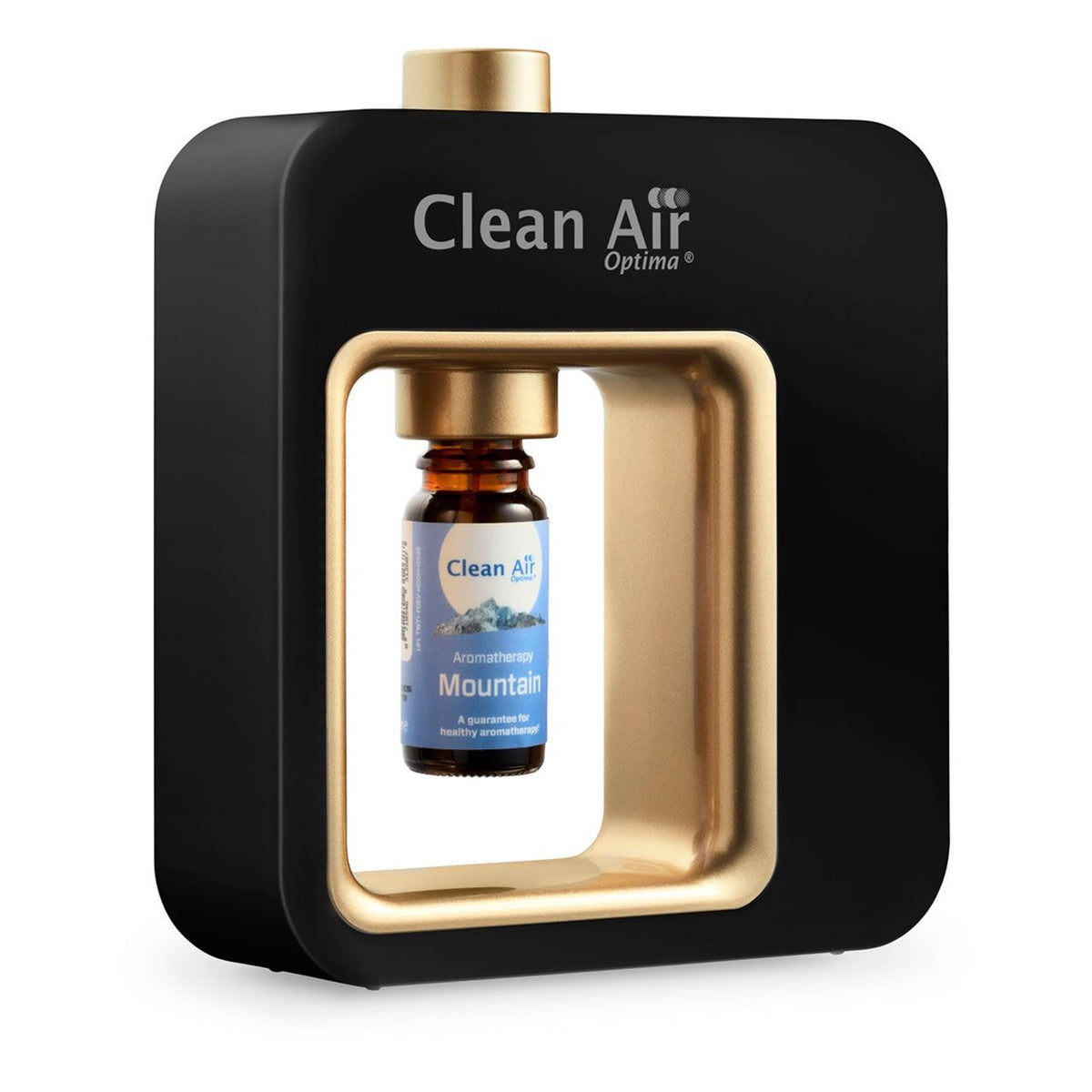 Clean Air Optima Aroma-Diffuser „Aromatic“ in Schwarz-Gold mit Duftflakon „Mountain“, Seitenansicht