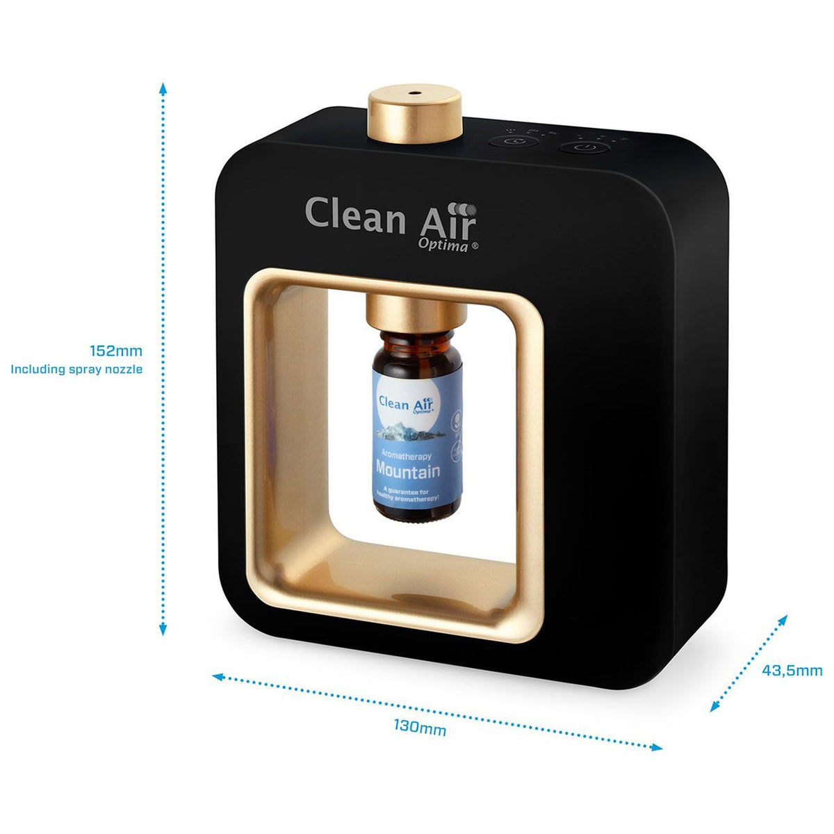 Clean Air Optima Aroma-Diffuser Aromatic in Schwarz-Gold mit Maßangaben 152 x 130 x 43,5 mm
