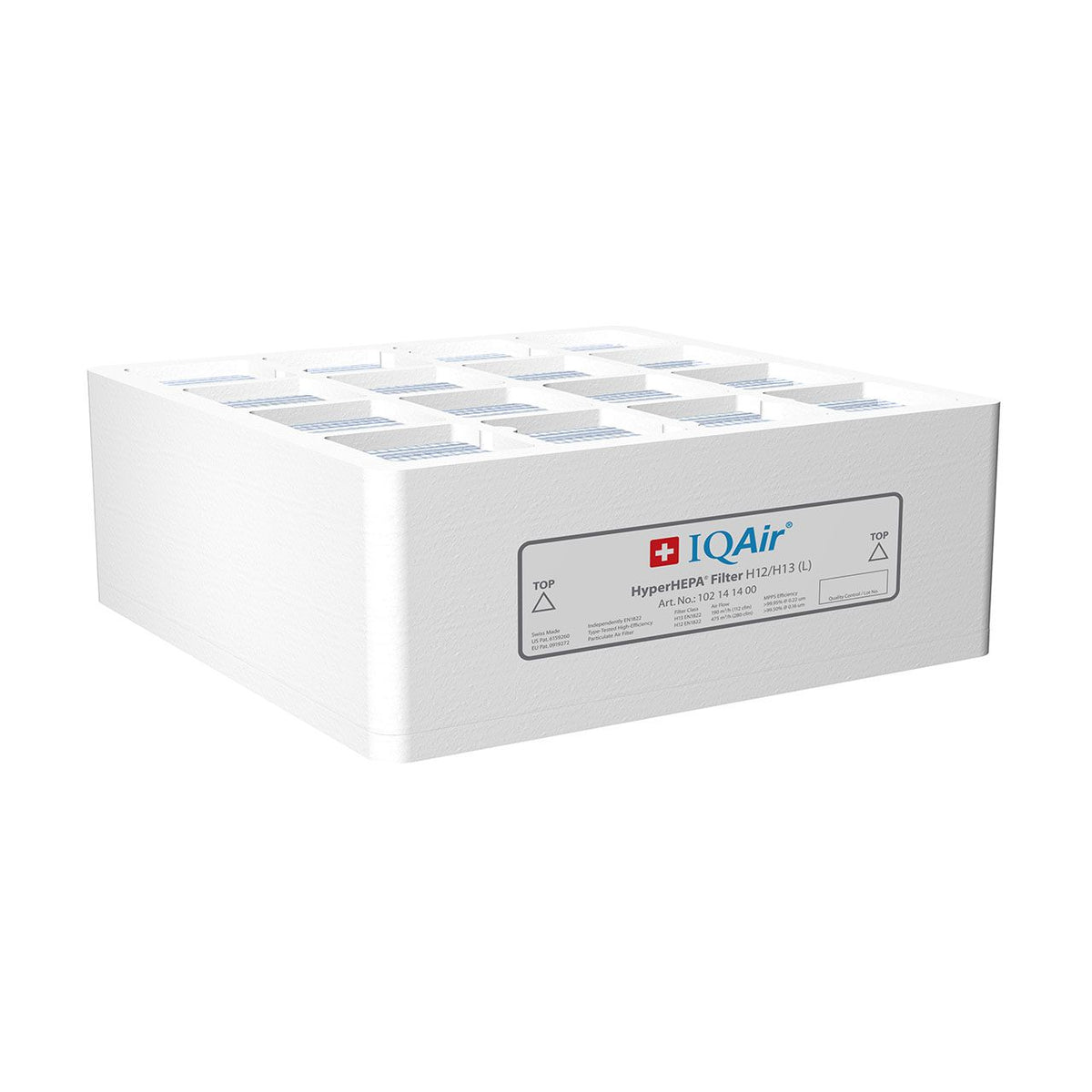 IQAir HyperHEPA-Filter H12/H13 (L) für Luftreiniger, weiß, mit Etikett und Wabenstruktur