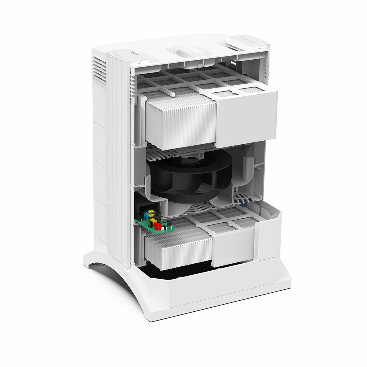 IQAir HealthPro 100 XE Luftreiniger, weiß, Querschnitt mit Filterstufen und Ventilator im Innenaufbau