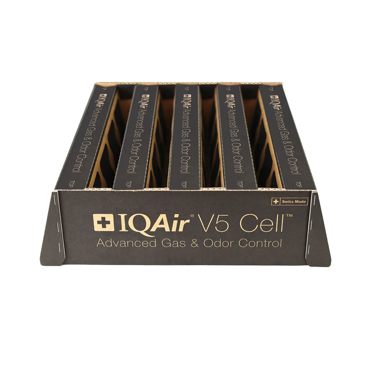 IQAir V5 Cell Filterkassetten in offener Verpackung mit Aufschrift „Advanced Gas & Odor Control“