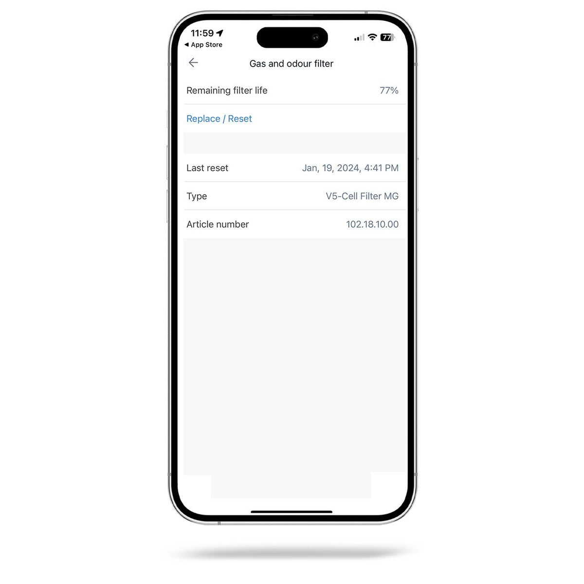 Smartphone zeigt IQAir App mit Restlaufzeit des Gas- und Geruchsfilters „V5-Cell Filter MG“ bei 77 %