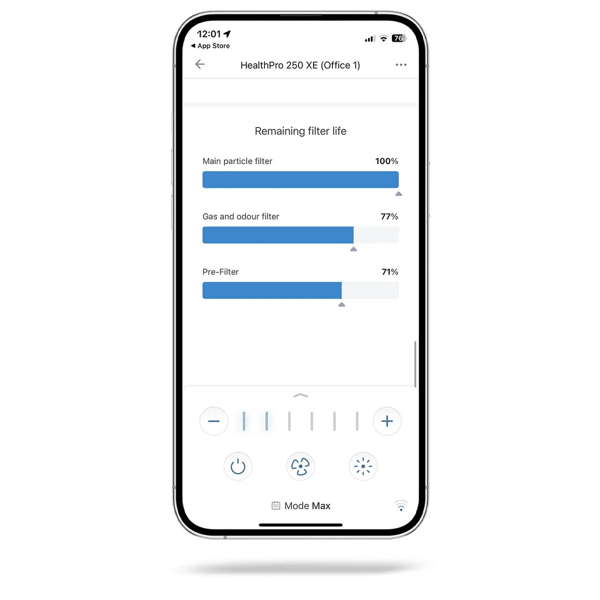 Smartphone-App der IQAir HealthPro 250 XE zeigt Restlaufzeit der Filter und Bedienelemente