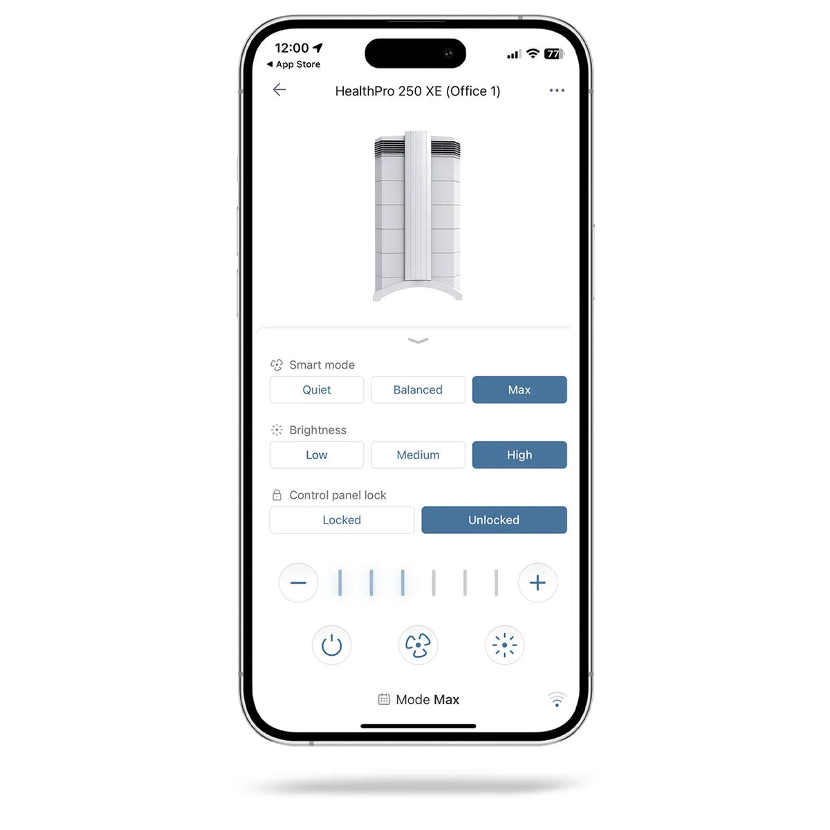 Smartphone mit App-Steuerung des IQAir HealthPro 250 XE Luftreinigers, Einstellungen für Modus und Helligkeit