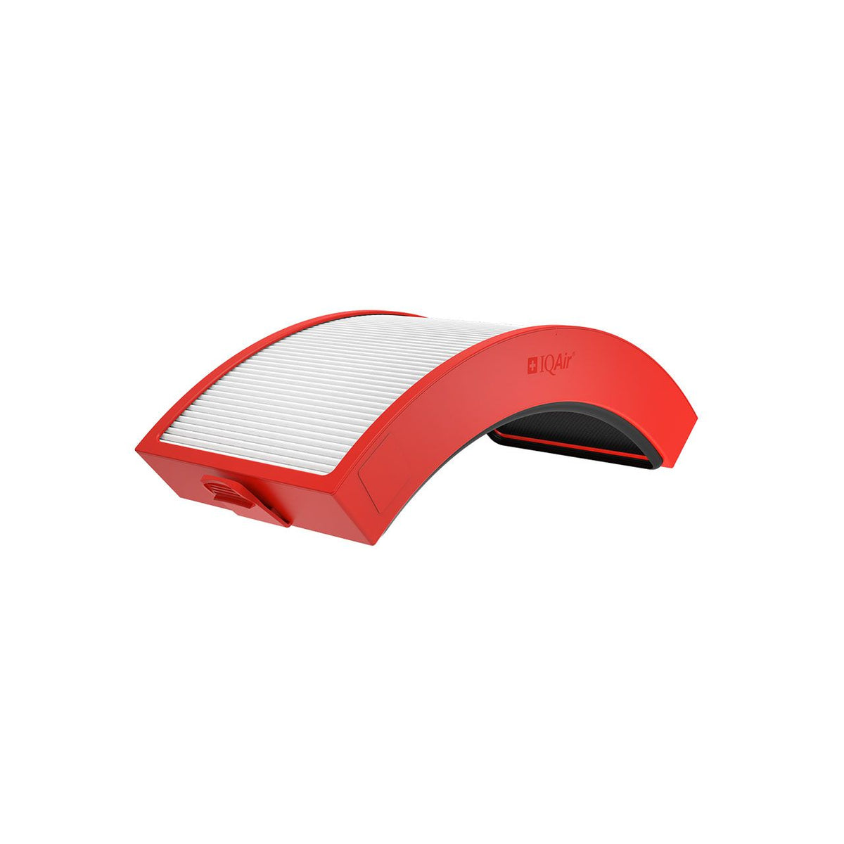 IQAir Atem X HyperHEPA CF Ersatzfilter, rotes Gehäuse, gebogene Form, Schrägansicht