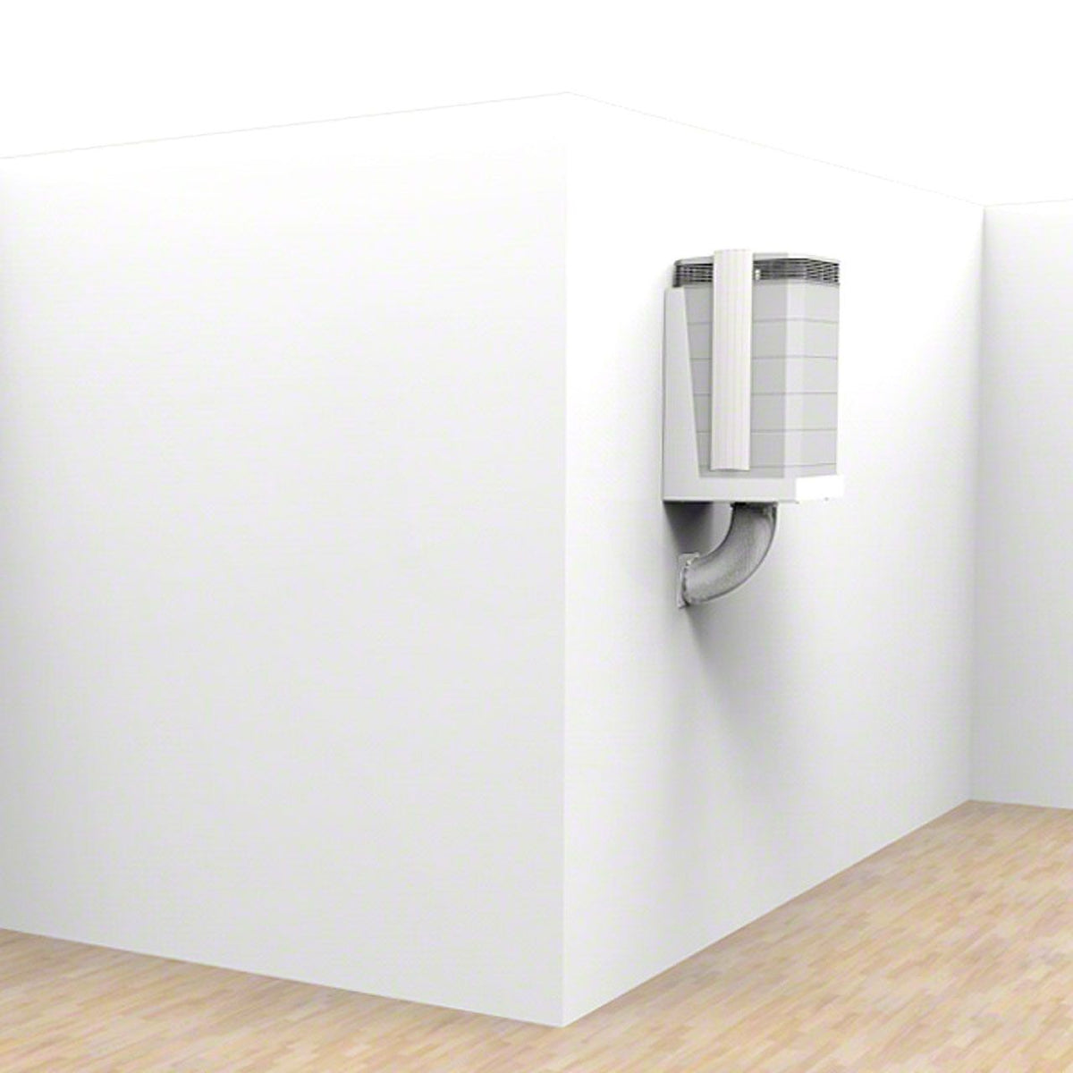 IQAir VM InFlow W125 wandmontiert in Raumecke mit Wandrohrdurchführung, 3D-Visualisierung