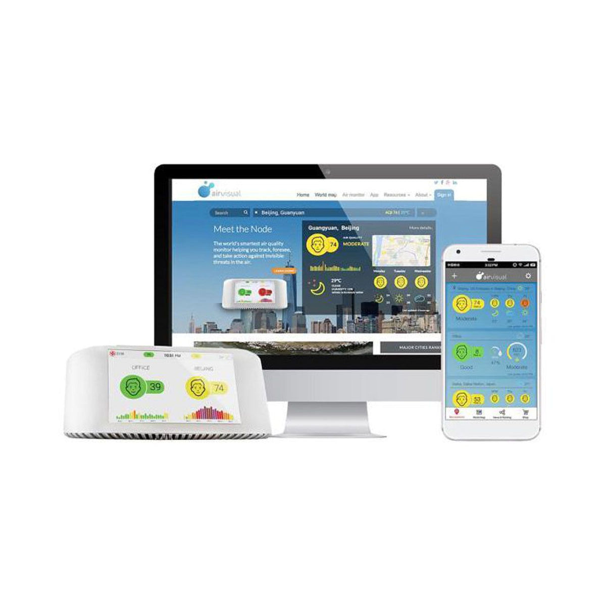 IQAir AirVisual Pro Monitor mit Anzeige auf Desktop-Bildschirm und Smartphone-App