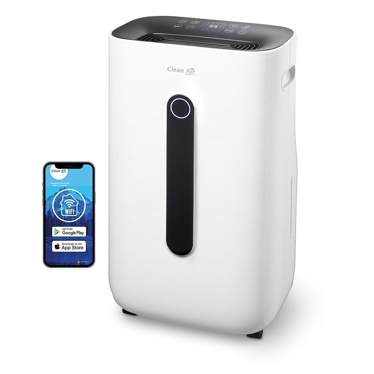 Clean Air Optima CA-706 Smart Luftentfeuchter in Weiß mit Bedienfeld, daneben Smartphone mit App-Anzeige