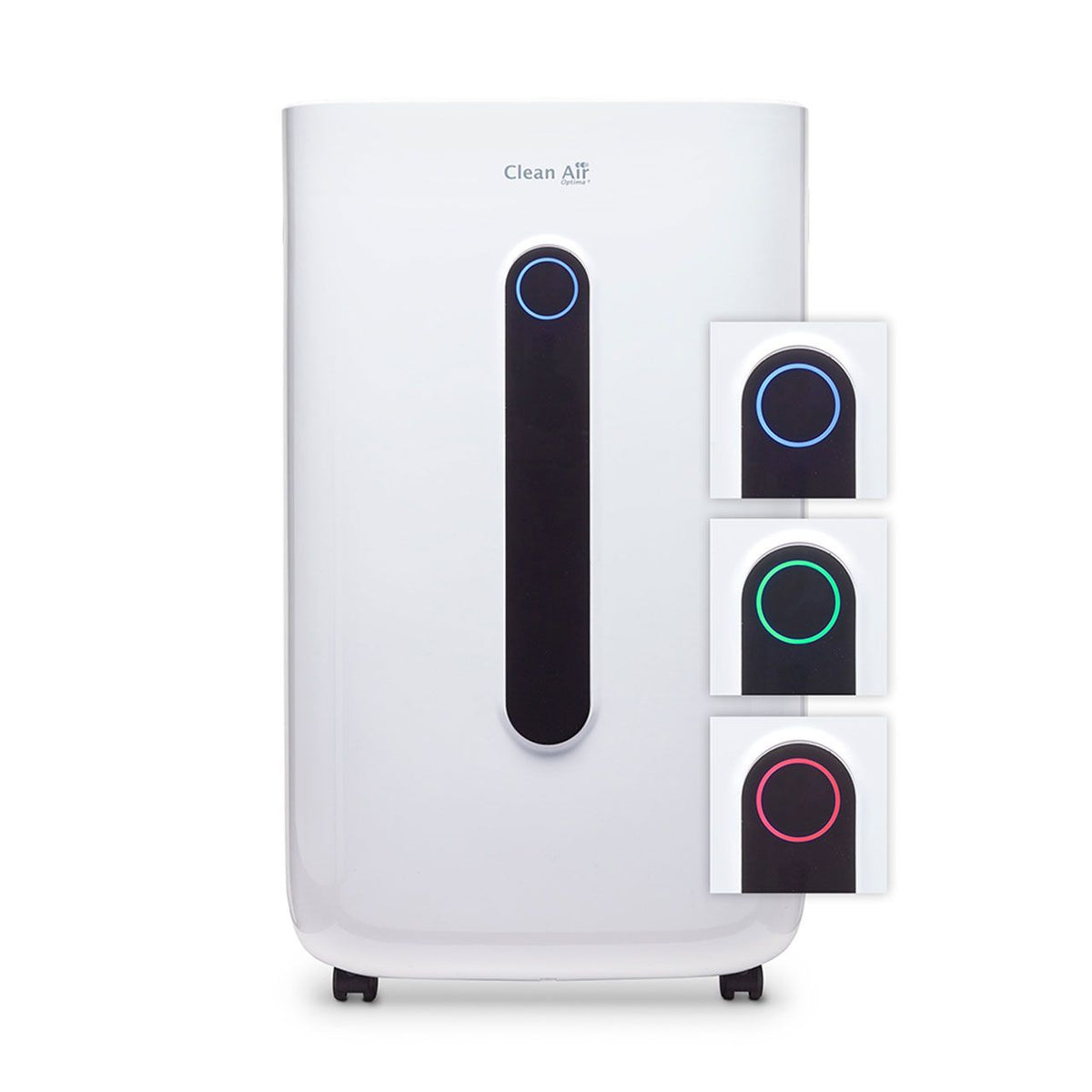Clean Air Optima CA-706 Luftentfeuchter, weiß, mit Detailansicht der Bedientaste in Blau, Grün und Rot