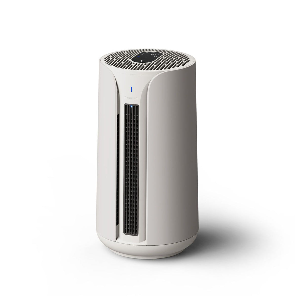 Blueair ComfortPure T10i 3in1 Luftreiniger in Weiß, zylindrische Turmform, Frontansicht schräg