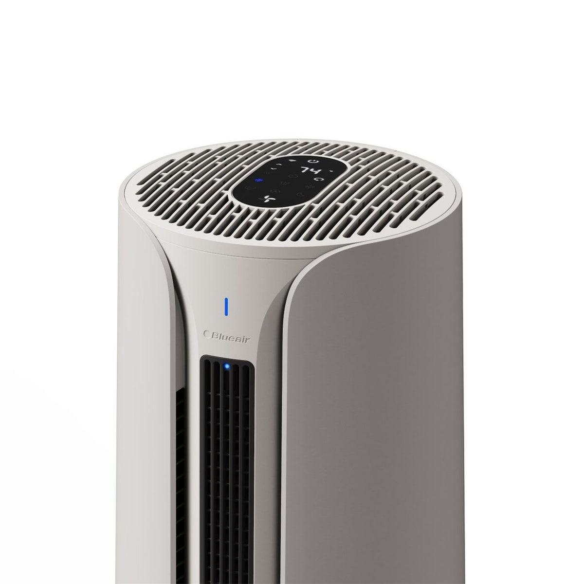 Nahaufnahme des Blueair ComfortPure T10i Luftreiniger, oberes Lüftungsgitter mit Bedienfeld, weiß