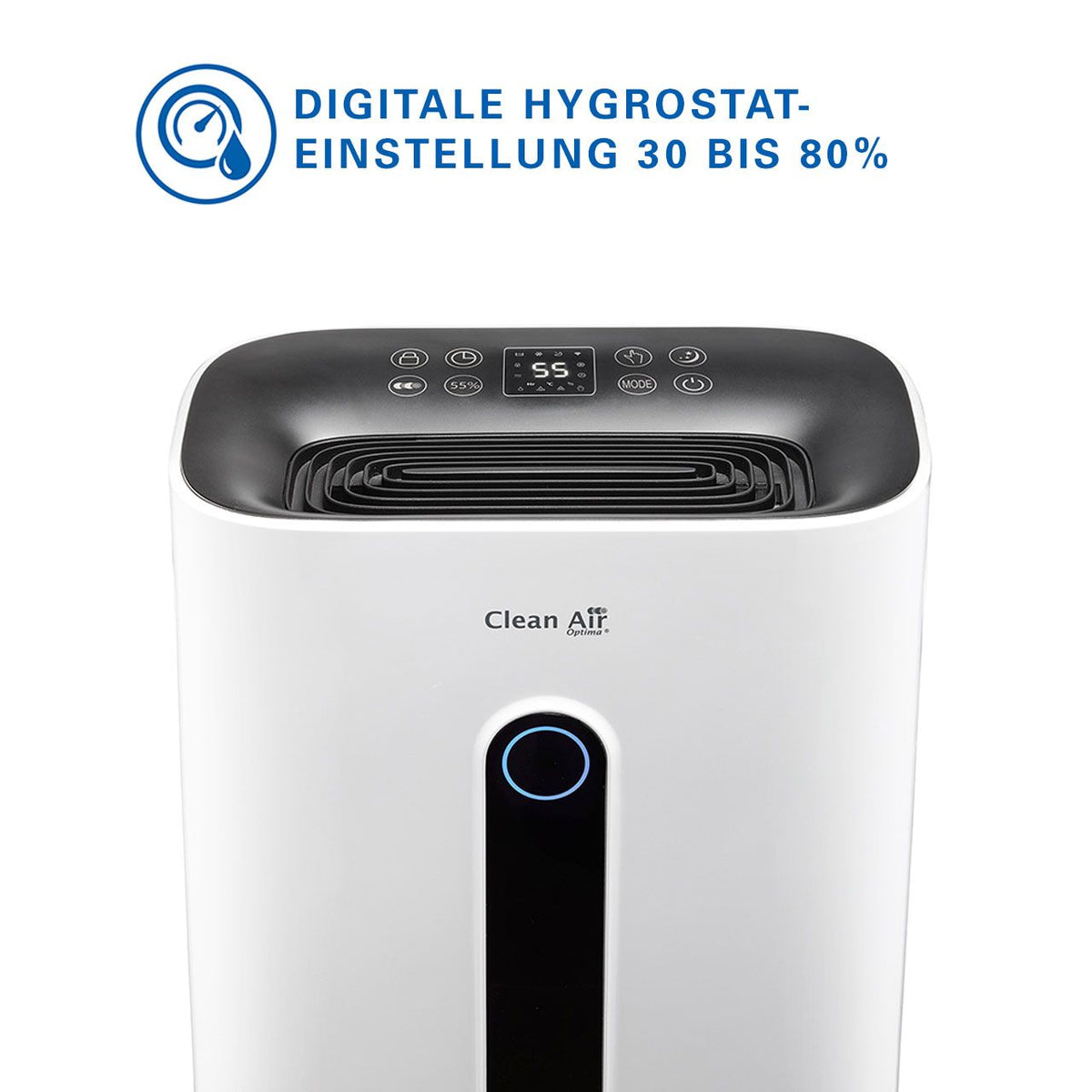 Clean Air Optima CA-706 Luftentfeuchter, Nahaufnahme des Bedienfelds mit digitaler Hygrostat-Anzeige „55%“