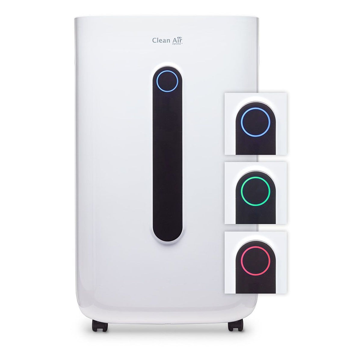 Clean Air Optima CA-708 Luftentfeuchter in Weiß mit Detailansichten der LED-Ringanzeige in Blau, Grün und Rot