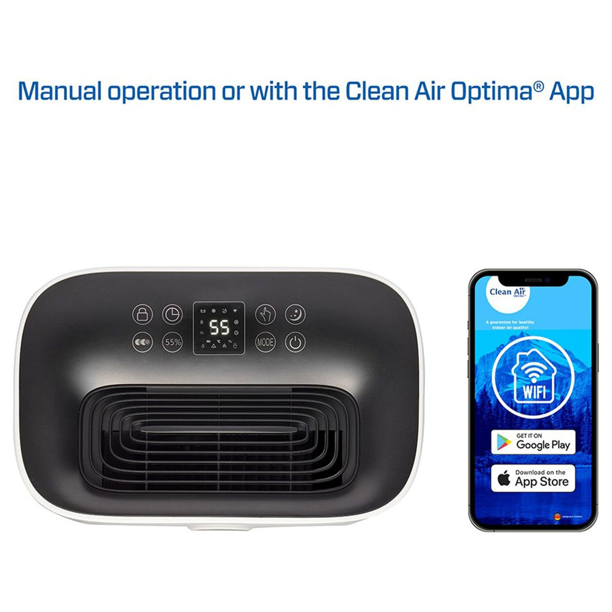 Clean Air Optima CA-708 Luftentfeuchter mit Bedienfeld und Display neben Smartphone mit App