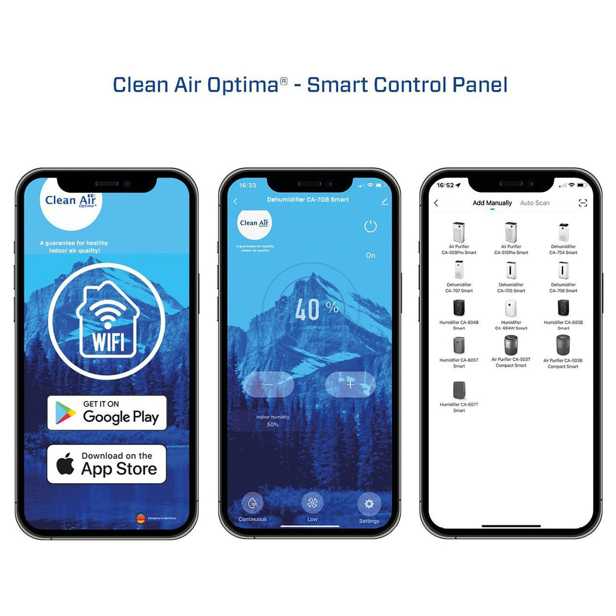 Drei Smartphones zeigen die Clean Air Optima® App mit WLAN-Kopplung, Luftfeuchtigkeits-Steuerung und Geräteauswahl