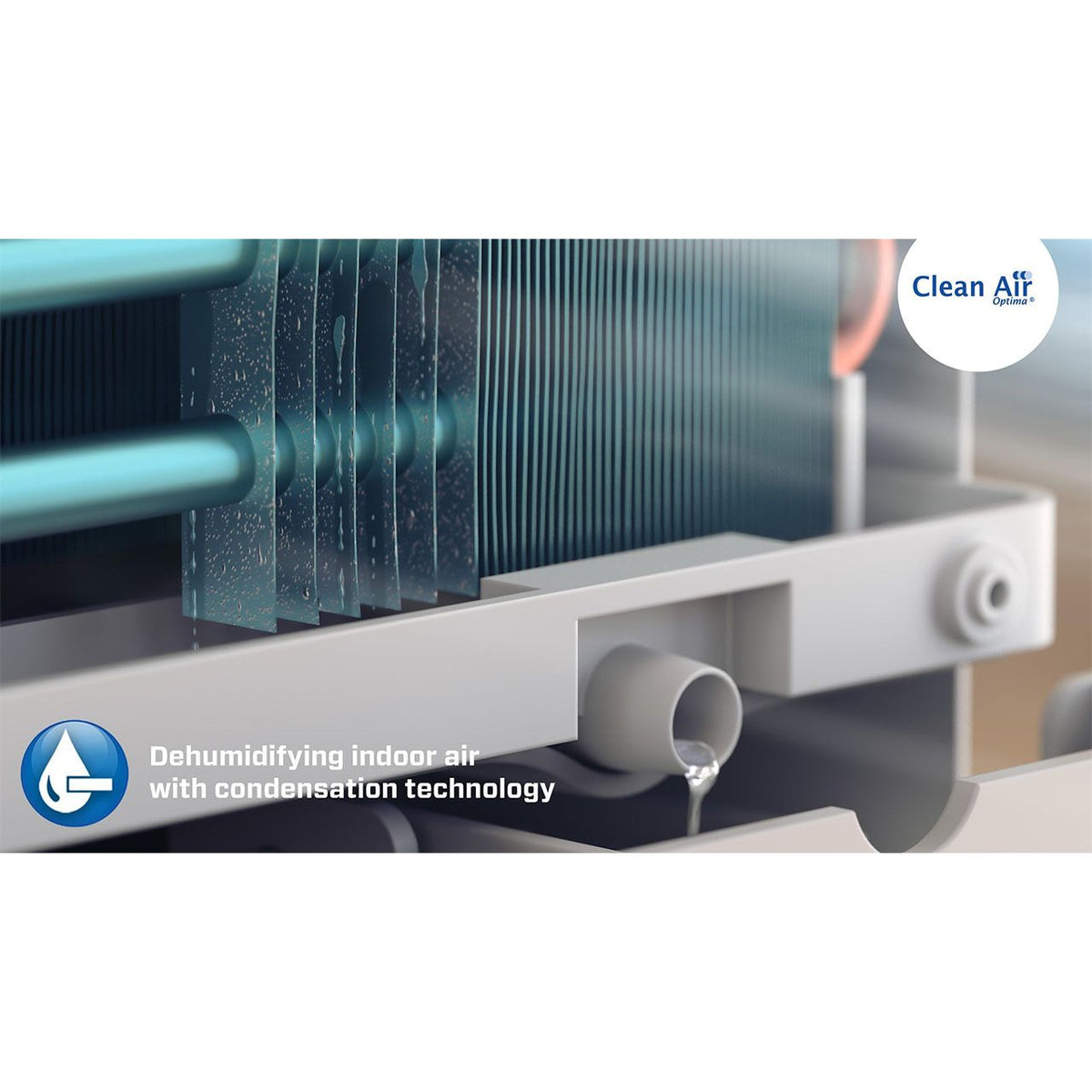 Clean Air Optima CA-708 Luftentfeuchter, Grafik zur Kondensationstechnik mit Wassertropfen-Symbol und Text „Dehumidifying indoor air with condensation technology“
