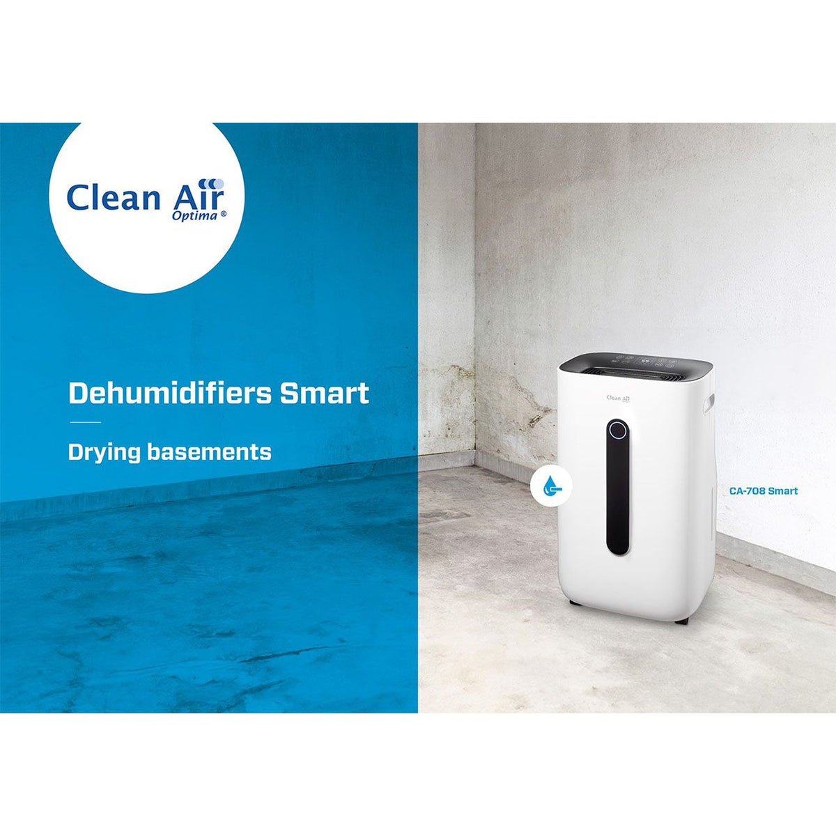 Clean Air Optima CA-708 Smart Luftentfeuchter, weiß, in feuchtem Kellerraum, Grafik „Dehumidifiers Smart“