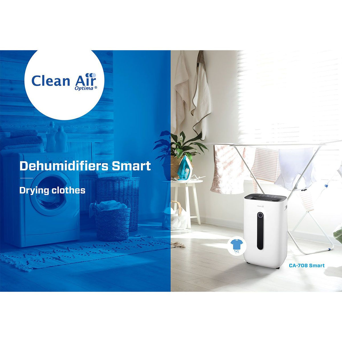 Clean Air Optima CA-708 Smart Luftentfeuchter neben Wäscheständer mit trocknender Wäsche im Waschraum