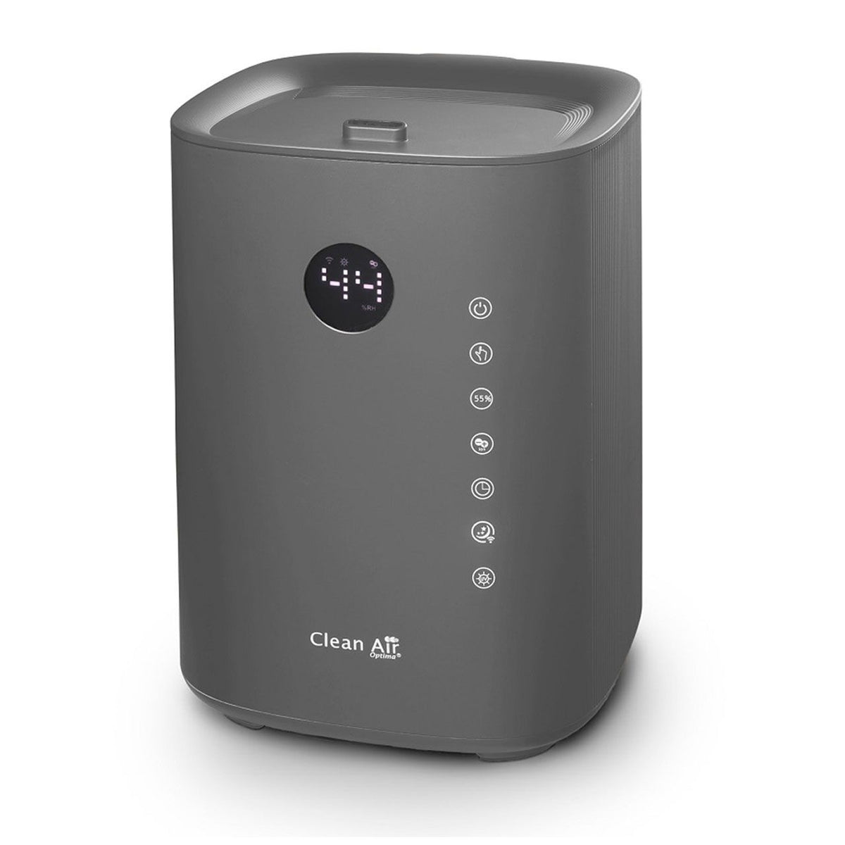 Clean Air Optima Luftbefeuchter in Titan-Grau mit digitalem Display und Bedientasten, Schrägansicht