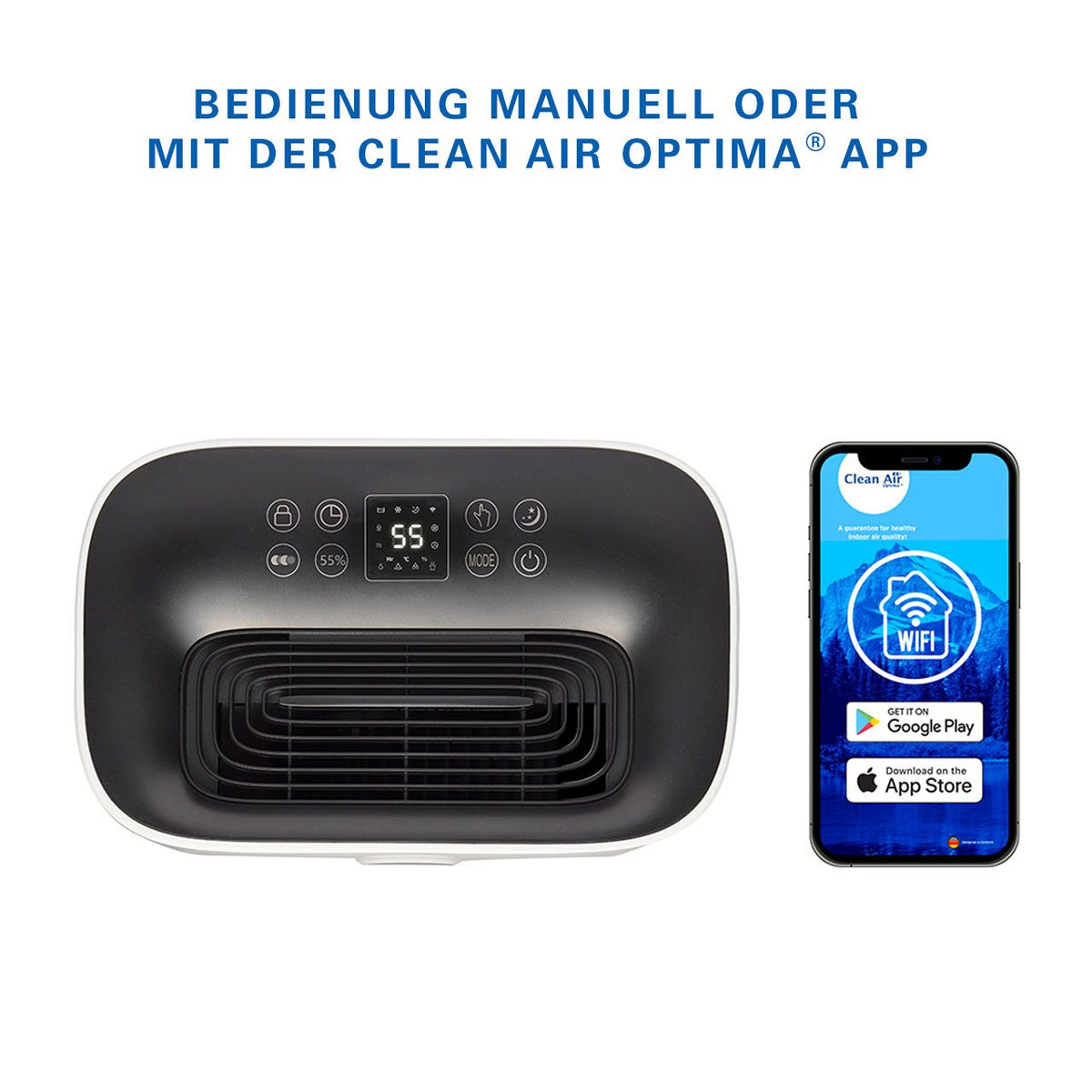 Clean Air Optima CA-706 Luftentfeuchter mit Bedienfeld neben Smartphone mit Clean Air Optima App