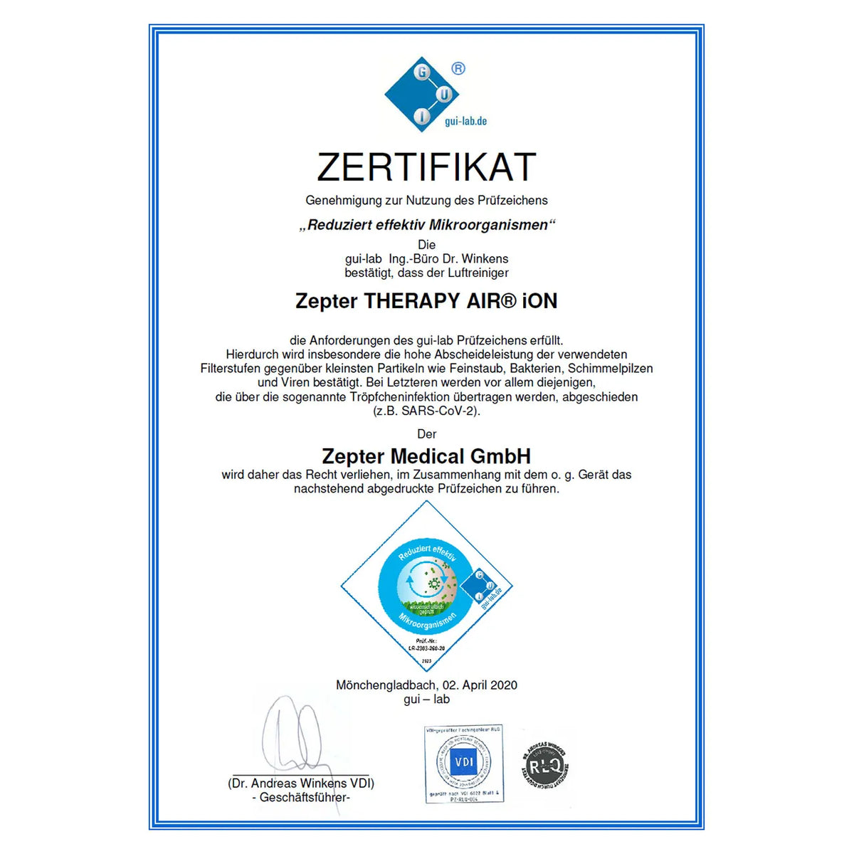 Gui-lab Zertifikat „Reduziert effektiv Mikroorganismen“ für den Zepter Therapy Air iON Luftreiniger