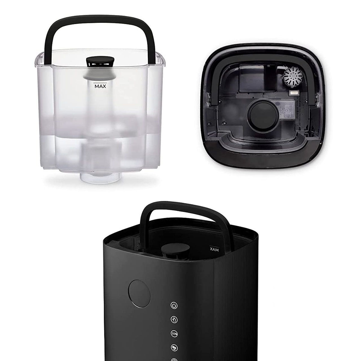 Clean Air Optima CA-605 Luftbefeuchter, Wassertank mit MAX-Markierung, Bodenansicht und schwarzes Gehäuse mit Bedienfeld
