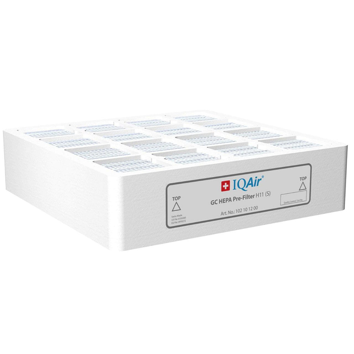 IQAir GC HEPA Pre-Filter H11 (S), weißer Vorfilter mit Etikett und Art.-Nr. 102 10 12 00, Schrägansicht