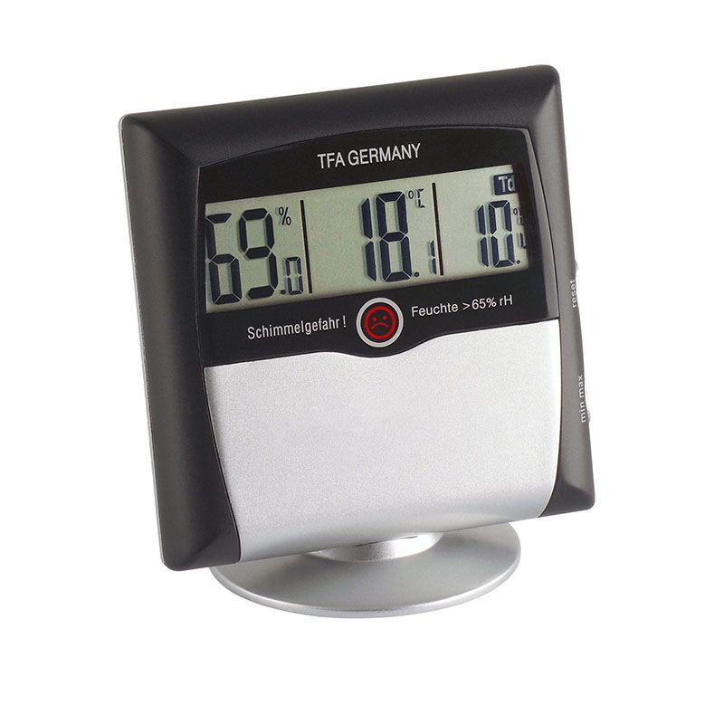 TFA Digitales Thermo-Hygrometer in Schwarz/Silber mit Display für Feuchte, Temperatur und Schimmelgefahr-Warnsymbol
