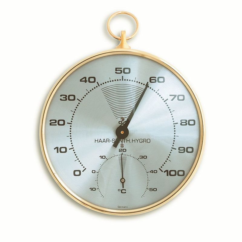 TFA Thermo-Hygrometer mit Messingrahmen, Skala für Luftfeuchtigkeit 0–100 % und Temperatur