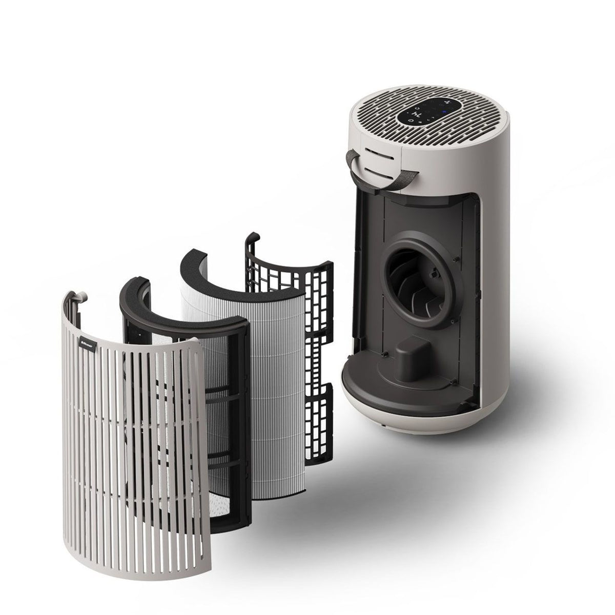 Blueair ComfortPure T10i Luftreiniger mit herausgezogenen Filterschichten des 3in1-Ersatzfilters daneben