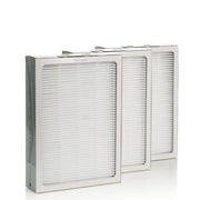 Drei Blueair Partikelfilter für 500/600er Serie mit weißem Faltenfilter, aufgereiht stehend
