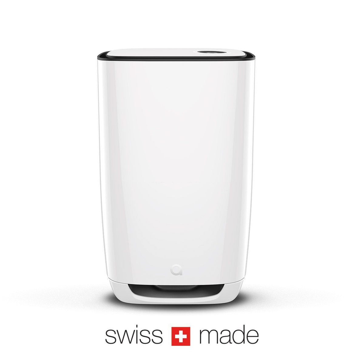 Aeris aair Luftreiniger in Weiß, Frontansicht, darunter Schriftzug „swiss made“ mit Schweizer Kreuz