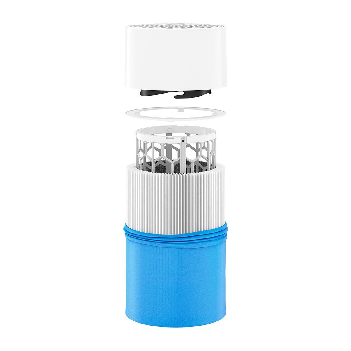Blueair Blue Pure 411 Ersatzfilter in Einzelteilen zerlegt, weißer Deckel, Filterzylinder und blaue Hülle