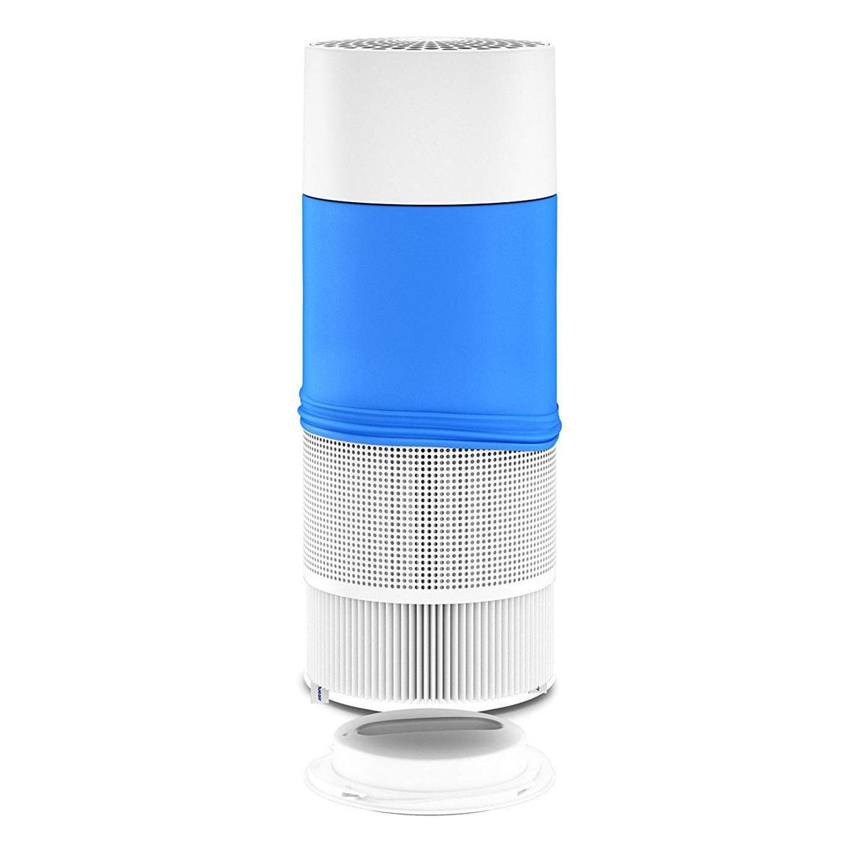 Blueair Joy S Grobstaubfilter, zylindrisch mit weißem Gitter oben und unten, blauem Textilband, Gesamtansicht