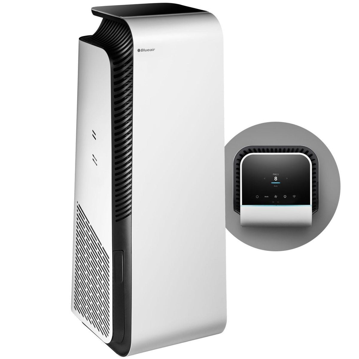 Blueair HealthProtect Luftreiniger in Weiß-Schwarz, seitlich, mit Detailansicht des Bedienfelds und Display