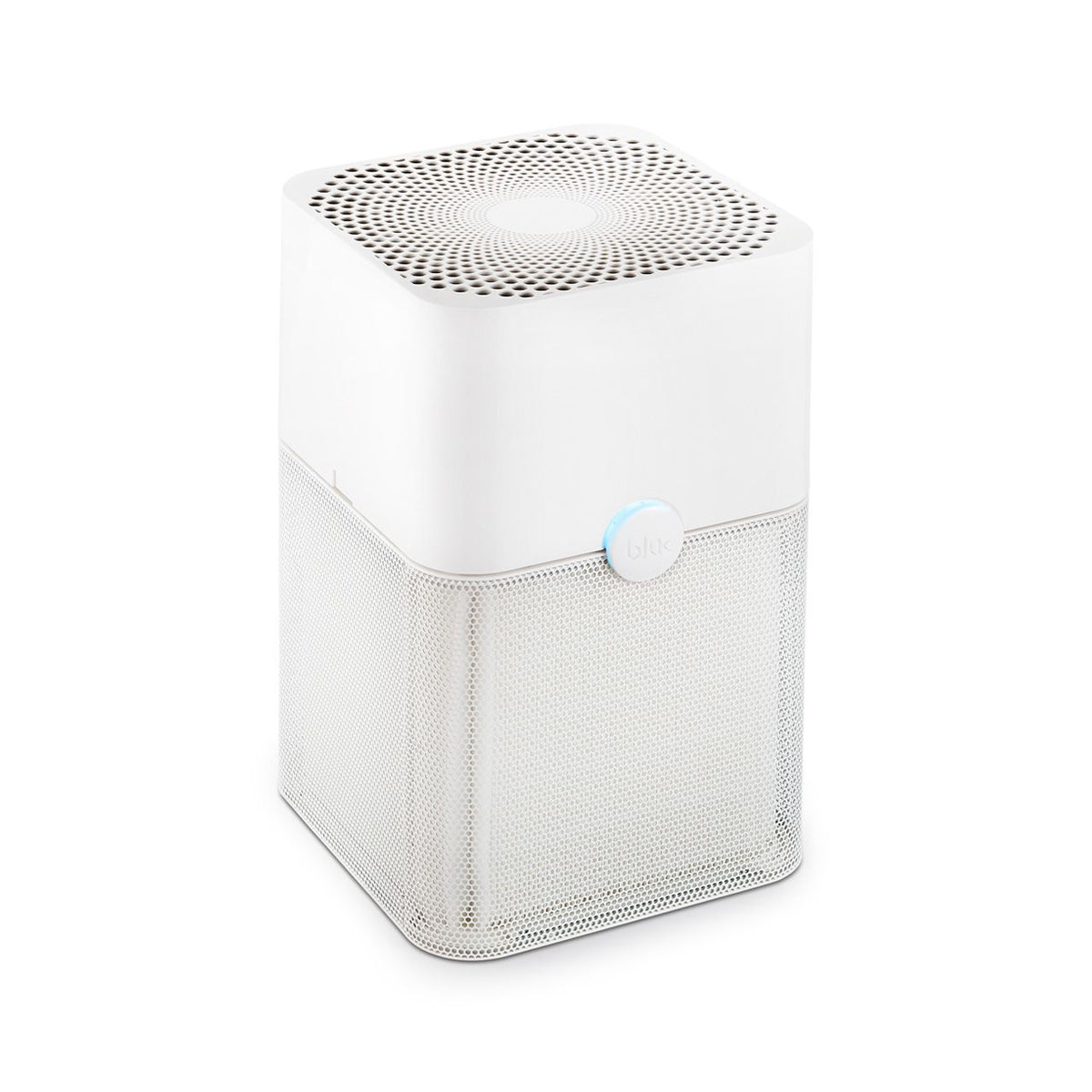 Blueair Blue Pure Luftreiniger, weißes Gehäuse mit perforiertem Deckel und Stoffvorfilter, Frontansicht