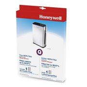 Verpackung des Honeywell True-HEPA-Ersatzfilters HRF-Q710E mit Abbildung des Luftreinigers HPA710WE