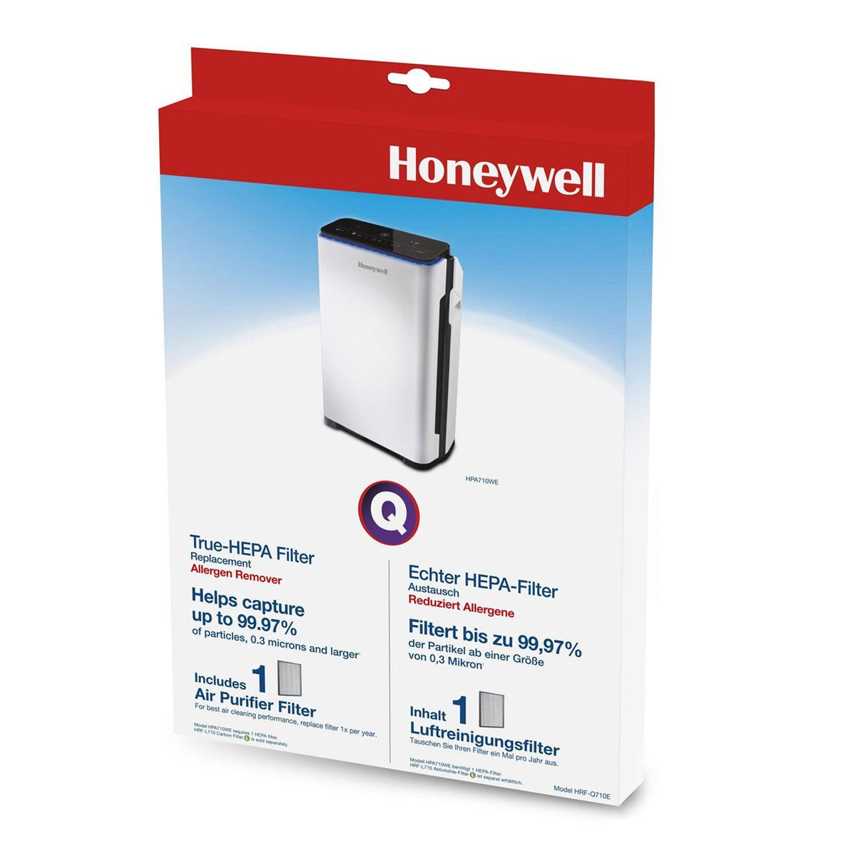 Verpackung des Honeywell True-HEPA-Ersatzfilters HRF-Q710E mit Abbildung des Luftreinigers HPA710WE