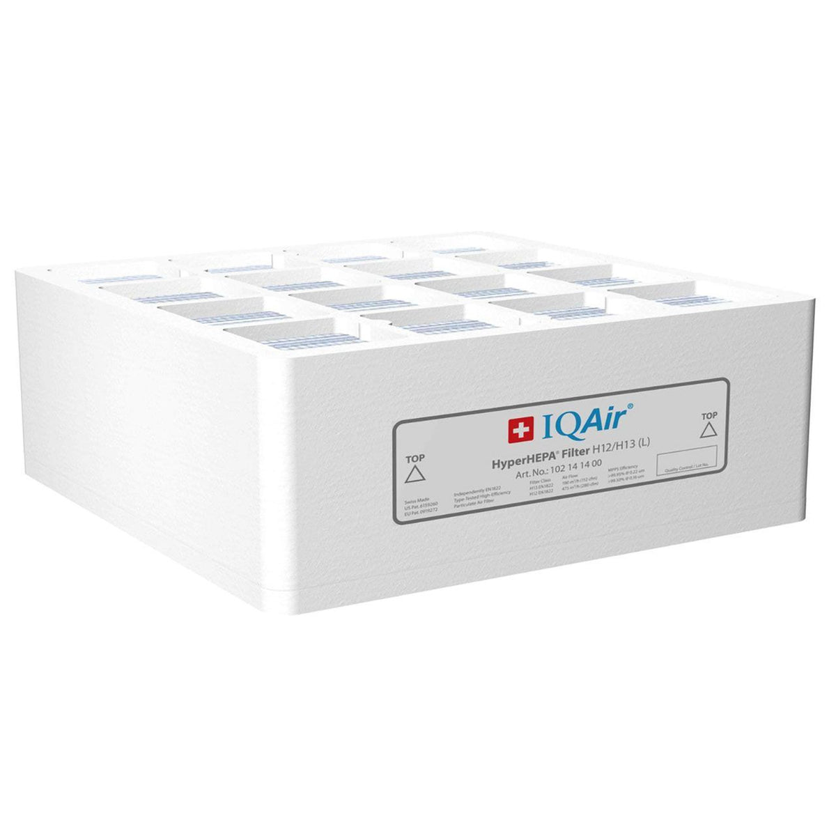 IQAir HyperHEPA-Filter H12/H13 (L), weißer Filterblock mit Etikett, Art.-Nr. 102 14 14 00, Schrägansicht