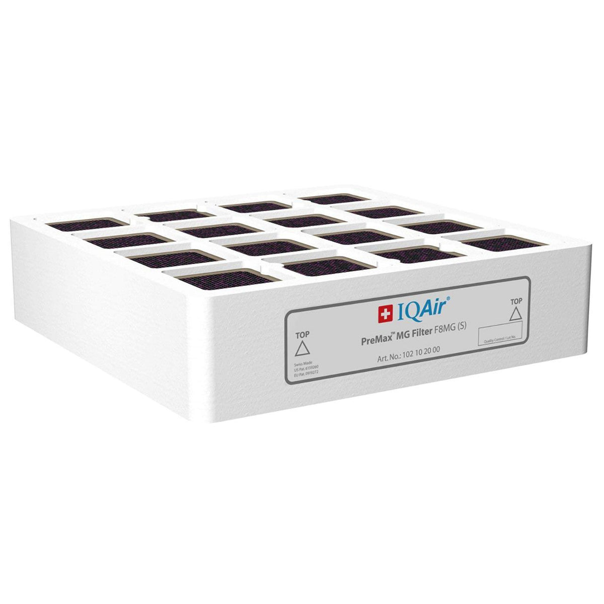 IQAir PreMax MG Filter F8MG (S) Vorfilter, weißes Gehäuse mit Waben-Filterelementen, Schrägansicht