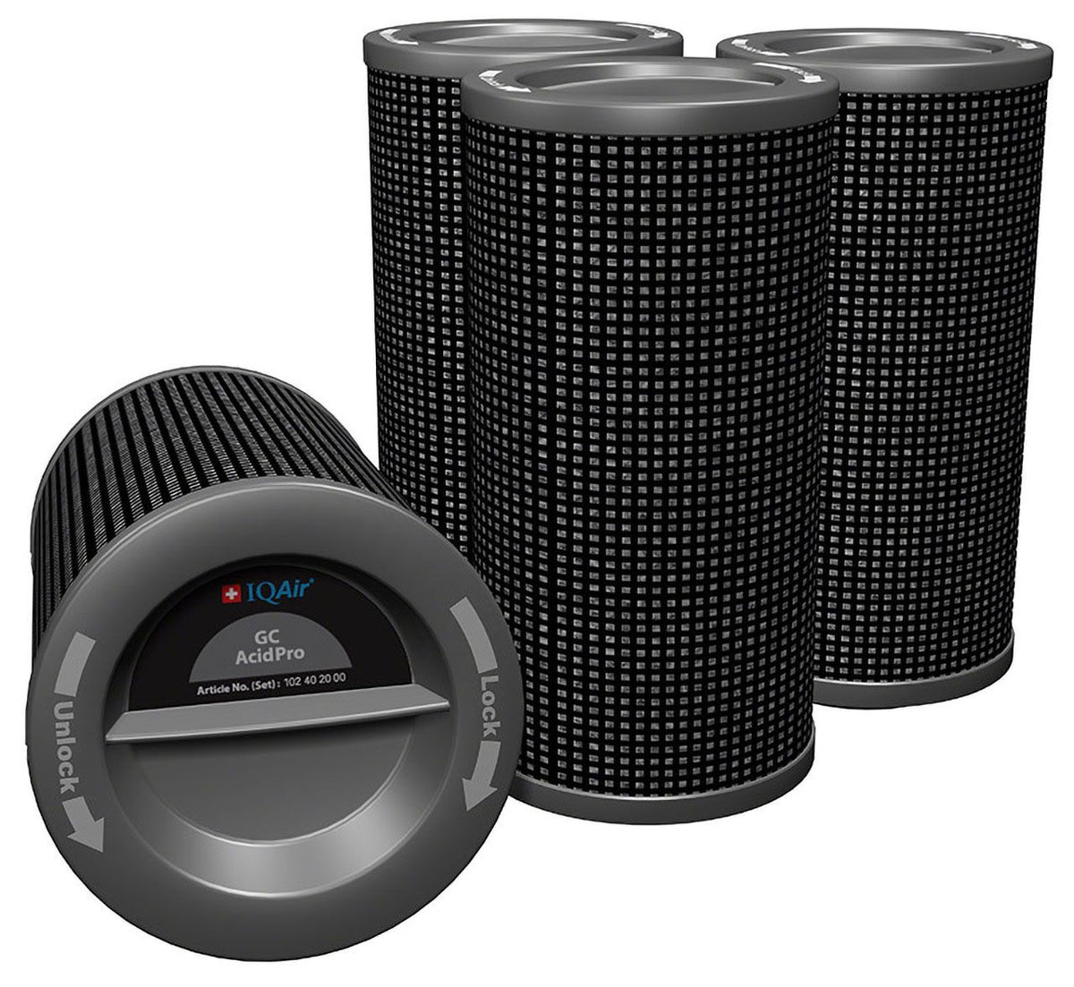 Vier IQAir GC AcidPro Filterpatronen, zylindrische Zuluftfilter mit Drehverschluss-Deckel